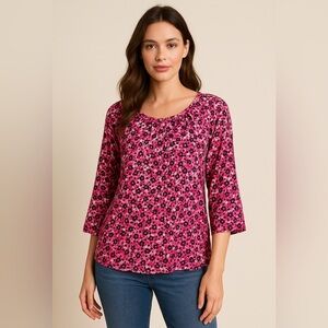 🌸 Michael Michael Kors Peasant Top - Pink & Purple Floral, 3/4 Ruffle Sleeve 🌸